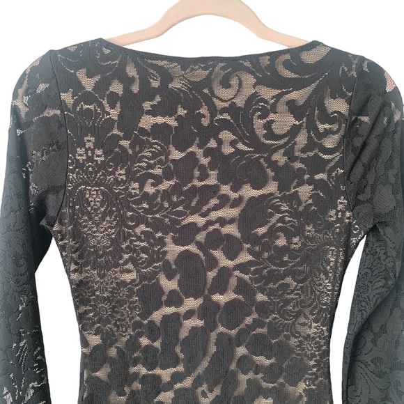 Va Va Voom Black Lace Long Sleeve Nude Liner Bodycon Midi Scoop Neck Dress Sz M - Picture 7 of 10